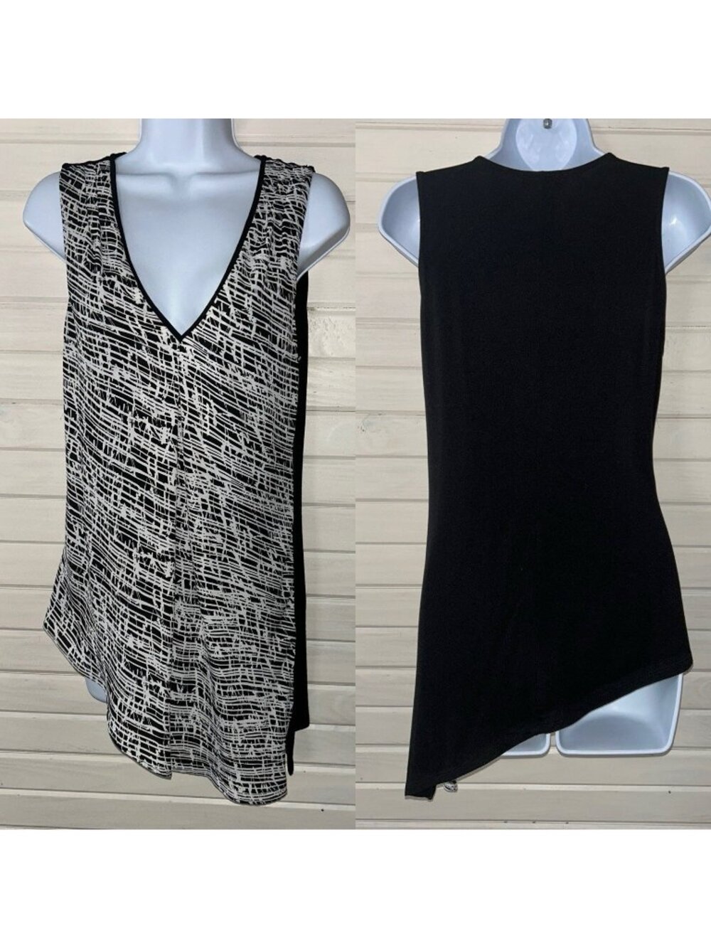 WHBM Sz SMALL Black White Printed V-Neck Asymmetric Hem Top Sleeveless EUC